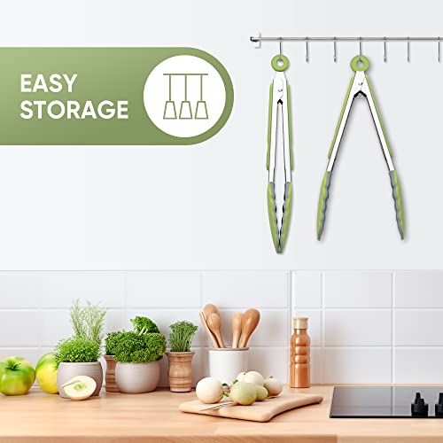 9 Inch Kitchen Tongs | Silicone Cooking Tongs | Serving Tongs | Salad Tongs, Green